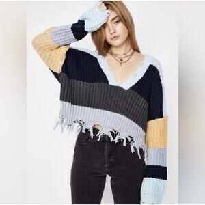 STORIA Cropped Distressed tattered oversized v neck sweater size Small